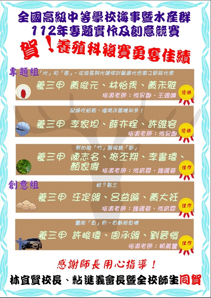 養殖科112年全國複賽成果