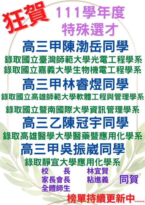 賀!!本校111學年特殊選才、技優保送成績亮麗圖片