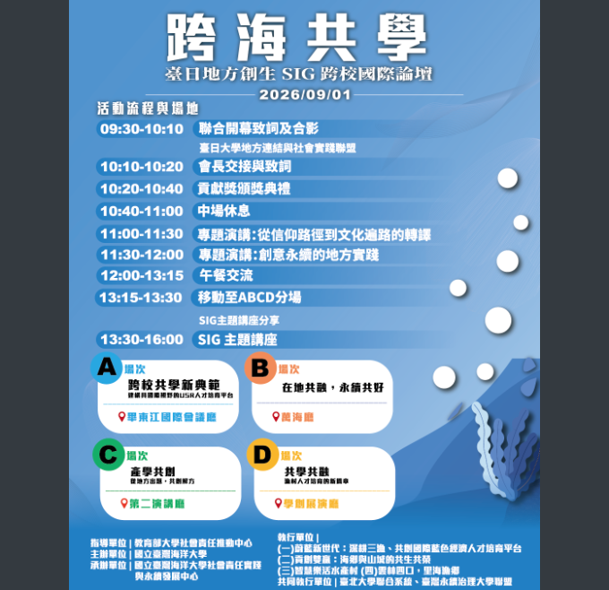 國立臺灣海洋大學社會責任實踐與永續發展中心舉辦115年教育部大學社會責任「跨海共學：臺日地方創生SIG跨校國際論壇」，歡迎教職員生報名參加。圖片