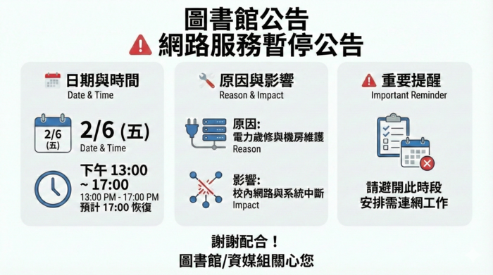 2/6 (五) 網路服務暫停公告圖片