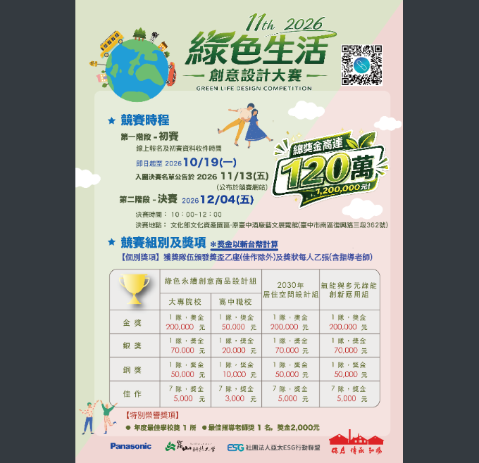 崑山科技大學承辦台灣Panasonic集團「第十一屆2026綠色生活創意設計大賽」，歡迎師生報名參加。圖片