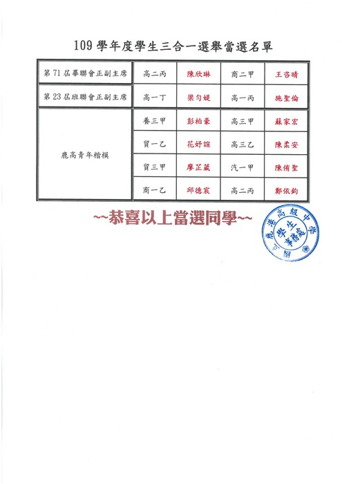 109學年度三合一選舉當選公告圖片