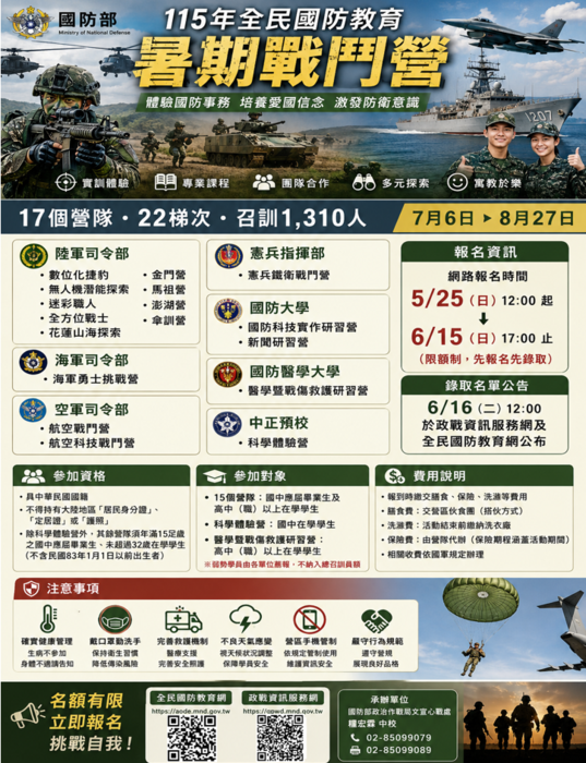 📢【115年全民國防教育暑期戰鬥營 開始報名】🇹🇼🔥圖片
