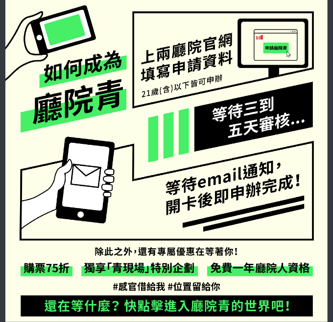 國家表演藝術中心國家兩廳院「國家兩廳院青年會員—廳院青」歡迎21歲以下同學線上申請，可享國家兩廳院主辦節目購票75折優惠。圖片
