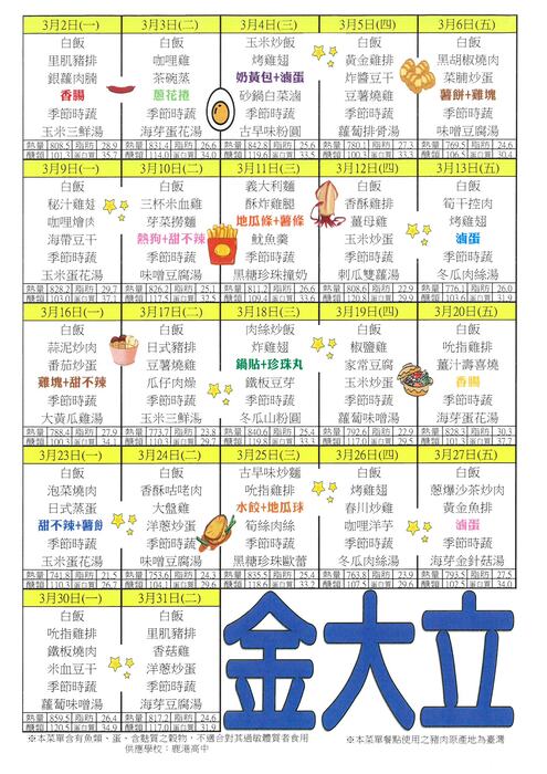 鹿港高中115年3月團膳菜單圖片