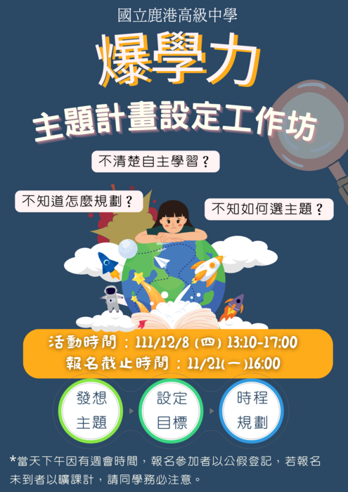 【自主學習PART2】12/8(四)邀請爆學力團隊舉辦「主題計畫設定工作坊」圖片